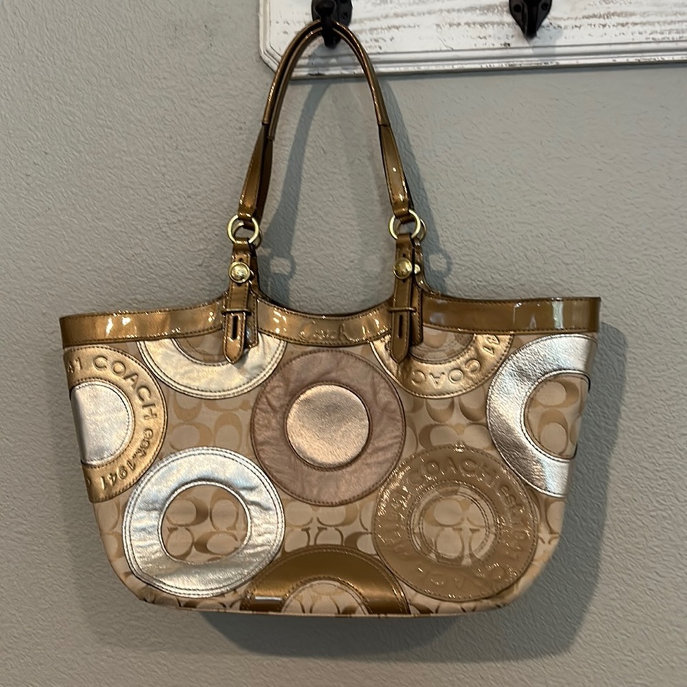 Authentic Coach Carly Pieced Patchwork metallic signature purse